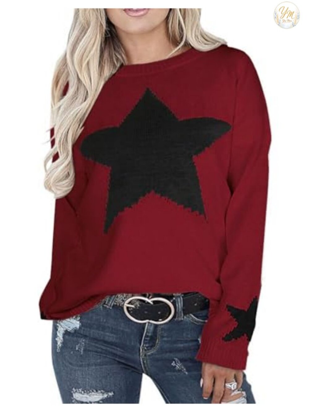 Womens Star Graphic Long Sleeve Crew Neck Pullover Sweater